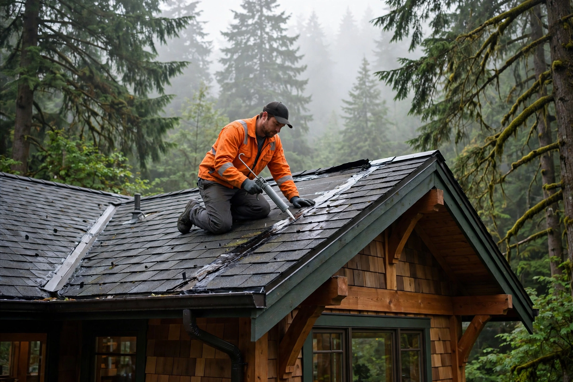 Roofer repairing a roof leak on a Bothell, WA home